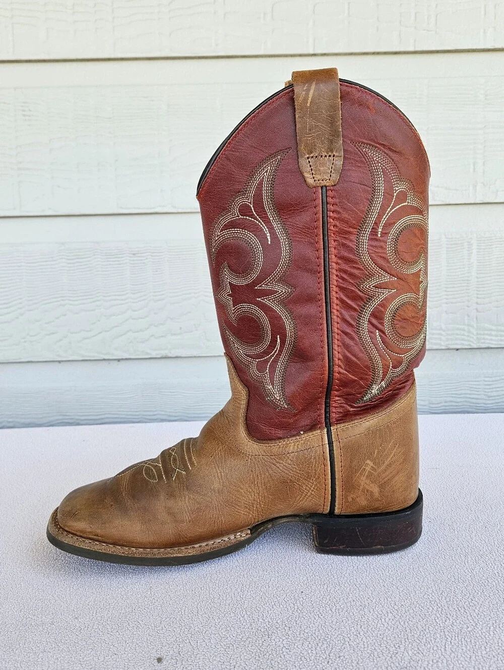 Old West Broad Square Toe Leather Western Cowboy Boots Youth SZ 5.5 Brown Red